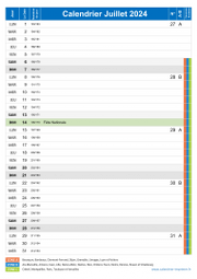 Calendrier juillet 2024 portrait avec vacances, jours fériés et numéros de semaine