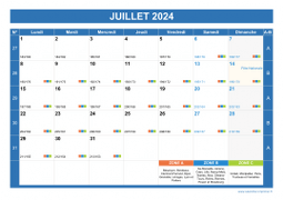 Calendrier juillet 2024 paysage avec vacances, jours fériés et numéros de semaine