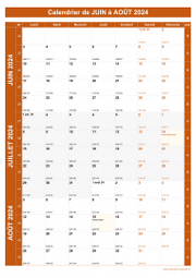 Calendrier pour les mois de Juin à Août 2024 portrait 1