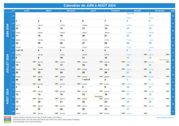 Calendrier scolaire pour Juin à Août 2024 paysage 1