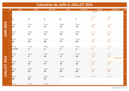 Calendrier pour les mois de Juin et Juillet 2024 paysage 1