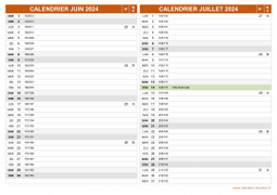 Calendrier pour les mois de Juin et Juillet 2024 paysage 2
