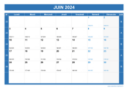 Calendrier juin 2024 paysage avec vacances, jours fériés et numéros de semaine