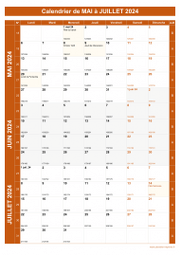 Calendrier pour les mois de Mai à Juillet 2024 portrait 1