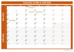 Calendrier pour les mois de Mai et Juin 2024 paysage 1