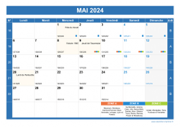 Calendrier mai 2024 paysage avec vacances, jours fériés et numéros de semaine