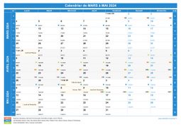 Calendrier scolaire pour Mars à Mai 2024 paysage 1
