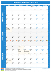Calendrier scolaire pour Mars à Mai 2024 portrait 1