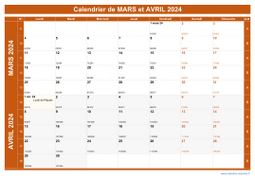 Calendrier pour les mois de Mars et Avril 2024 paysage 1