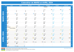 Calendrier scolaire pour Mars et Avril 2024 paysage 1