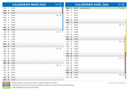 Calendrier scolaire pour Mars et Avril 2024 paysage 2