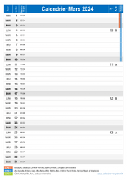 Calendrier mars 2024 portrait avec vacances, jours fériés et numéros de semaine