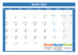 Calendrier mars 2024 paysage avec vacances, jours fériés et numéros de semaine