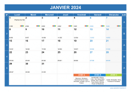 Calendrier mensuel 2024 paysage avec vacances, jours fériés, phase de la lune et numéros de semaine