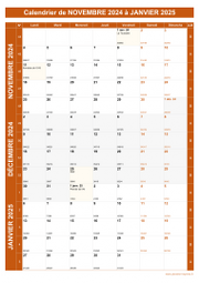 Calendrier pour les mois de Novembre 2024 à Janvier 2025 portrait 1