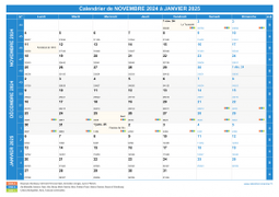 Calendrier scolaire pour Novembre 2024 à Janvier 2025 paysage 1