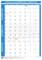 Calendrier scolaire pour Novembre 2024 à Janvier 2025 portrait 1