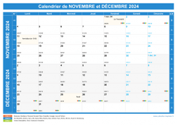 Calendrier scolaire pour Novembre et Décembre 2024 paysage 1