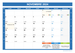 Calendrier novembre 2024 paysage avec vacances, jours fériés et numéros de semaine