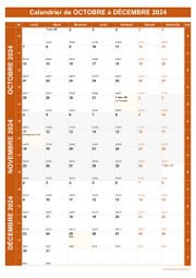 Calendrier pour les mois de Octobre à Décembre 2024 portrait 1