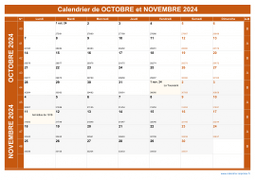 Calendrier pour les mois de Octobre et Novembre 2024 paysage 1