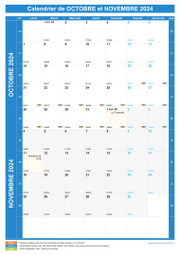 Calendrier scolaire pour Octobre et Novembre 2024 portrait 1