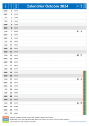 Calendrier octobre 2024 portrait avec vacances, jours fériés et numéros de semaine