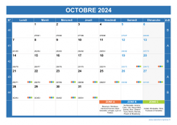 Calendrier octobre 2024 paysage avec vacances, jours fériés et numéros de semaine