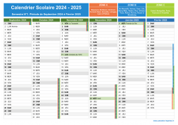 Calendrier scolaire 2024-2025 avec jours fériés à imprimer - Zones A-B-C - 1er semestre