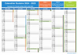 Calendrier scolaire 2024-2025 avec jours fériés à imprimer - Zones A-B-C - 2nd semestre