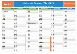Calendrier scolaire 2024-2025 avec jours fériés de la Zone A à imprimer - 1er et 2nd semestre