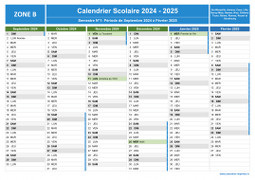 Calendrier scolaire 2024-2025 avec jours fériés - Zone B à imprimer - 1er semestre