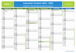 Calendrier scolaire 2024-2025 avec jours fériés - Zone C à imprimer - 1er semestre