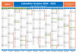 Calendrier scolaire 2024-2025 avec jours fériés - Zone A à imprimer