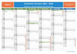 Calendrier scolaire 2024-2025 avec jours fériés et numéros de semaine - Zone A - 1er semestre