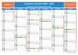 Calendrier scolaire 2024-2025 avec jours fériés et numéros de semaine - Zone A - 2nd semestre