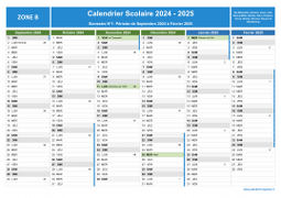 Calendrier scolaire 2024-2025 avec jours fériés et numéros de semaine - Zone B - 1er semestre