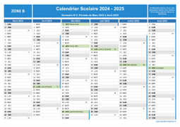 Calendrier scolaire 2024-2025 avec jours fériés et numéros de semaine - Zone B - 2nd semestre