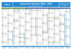 Calendrier scolaire 2024-2025 avec jours fériés et numéros de semaine - Zone B
