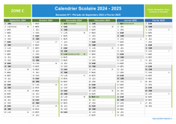 Calendrier scolaire 2024-2025 avec jours fériés et numéros de semaine - Zone C - 1er semestre