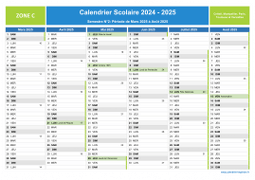 Calendrier scolaire 2024-2025 avec jours fériés et numéros de semaine - Zone C - 2nd semestre