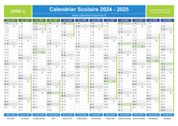 Calendrier scolaire 2024-2025 avec jours fériés et numéros de semaine - Zone C