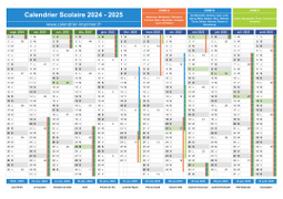 Calendrier scolaire 2024-2025 avec jours fériés et numéros de semaine - Zones A-B-C