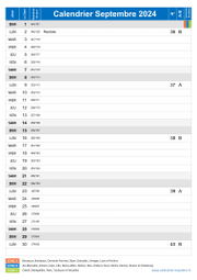 Calendrier septembre 2024 portrait avec vacances, jours fériés et numéros de semaine