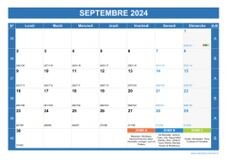 Calendrier septembre 2024 paysage avec vacances, jours fériés et numéros de semaine