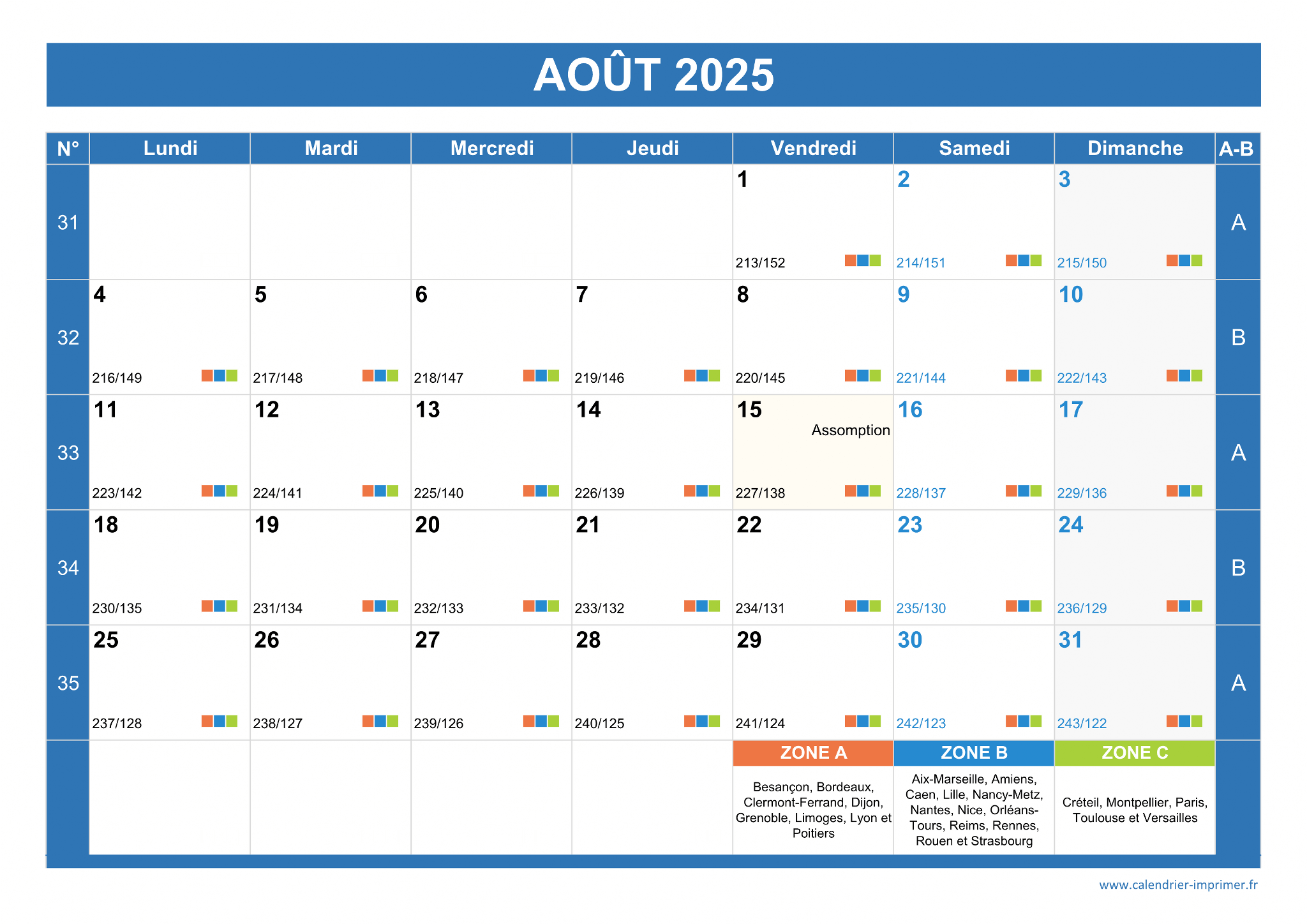 Calendrier Août 2025 à imprimer