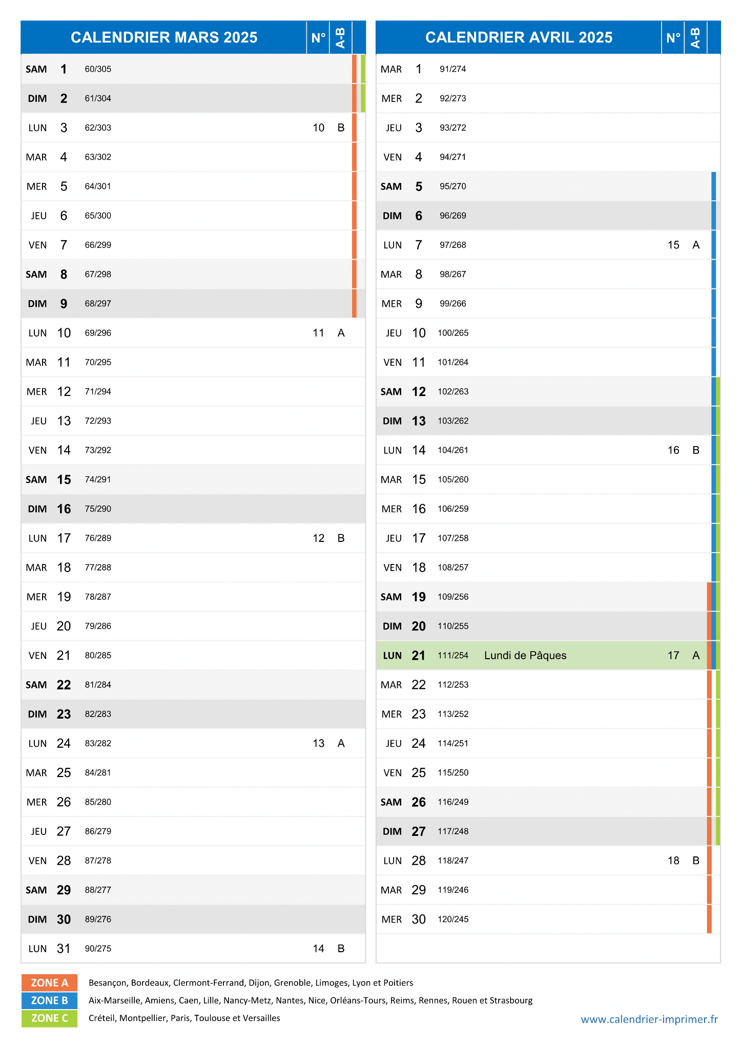 Calendrier Mars et Avril 2025 à imprimer