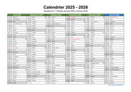 Calendrier Août 2025 à Juillet 2026 Semestre Fêtes