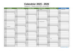 Calendrier Août 2025 à Juillet 2026 Semestre