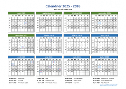 Calendrier Août 2025 à Juillet 2026 Vacances Horizontal